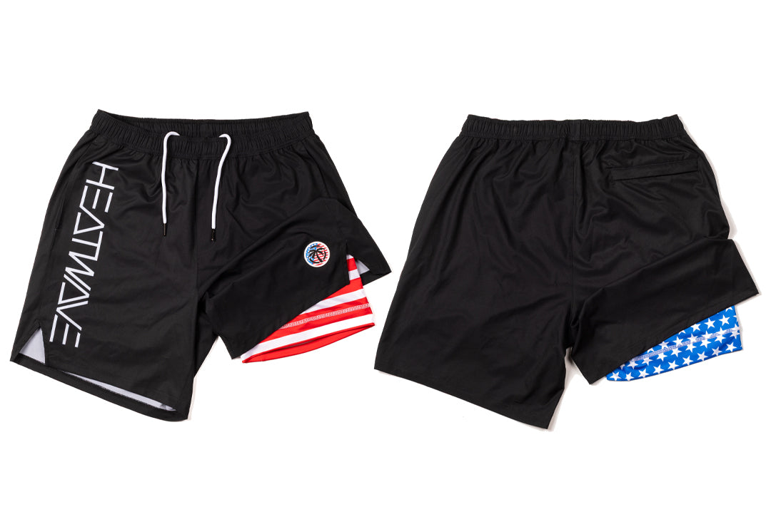 Heat Wave Visual USA RWB Performance Shorts with flag inner liner. 