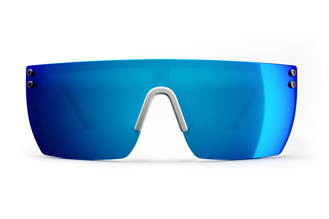 Front of Heat Wave Visual Lazer Face kids sunglasses white frame, USA print arms and galaxy blue lens.