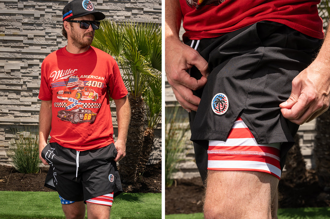 Justin out by his pool rocking the Heat Wave Visual USA RWB Performance Shorts with flag inner liner.