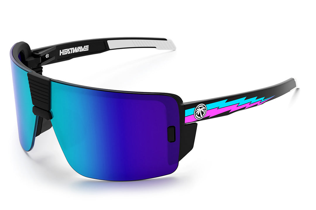 Heat Wave Visual Vector Sunglasses with black frame, phase blue print arms and galaxy blue lens. 
