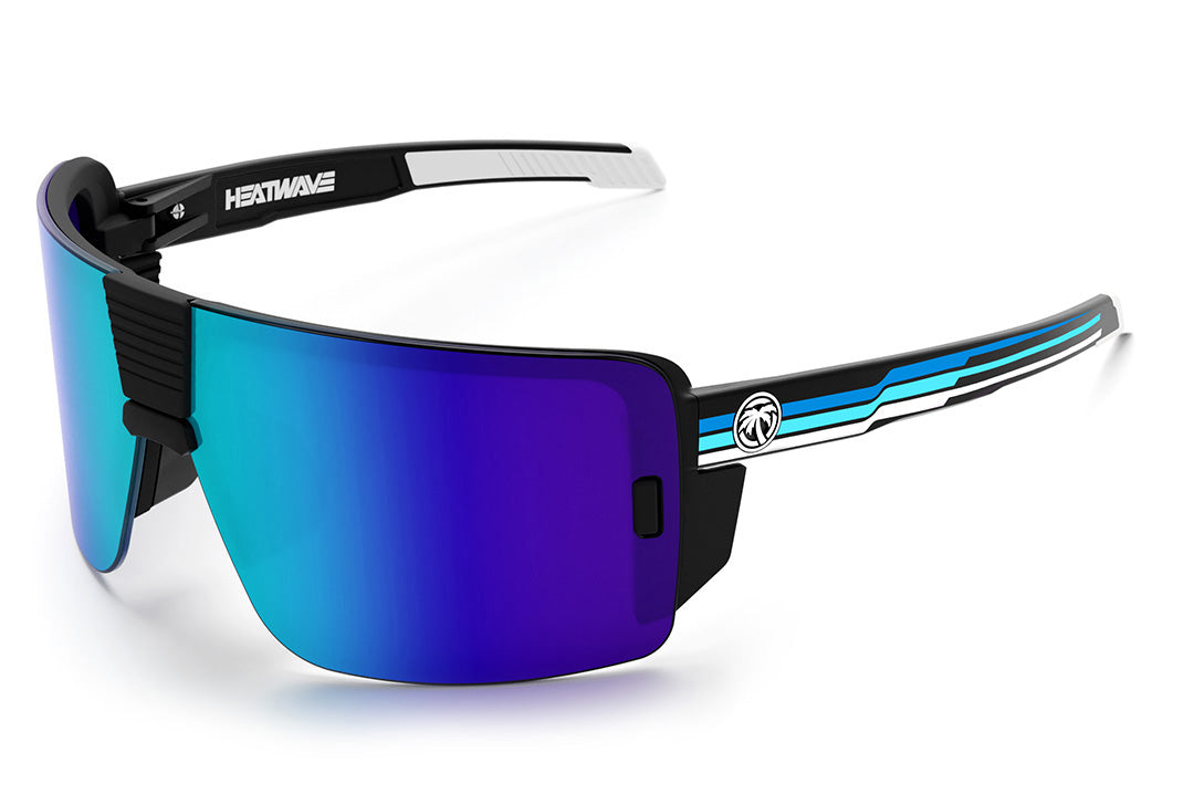 Heat Wave Visual Vector Sunglasses with black frame, side stripe blue print arms and galaxy blue lens. 