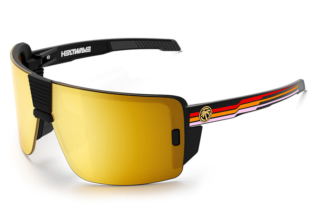 Heat Wave Visual Vector Sunglasses with black frame, side stripe red print arms and gold lens. 