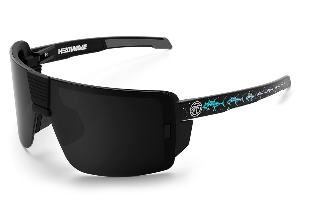 Heat Wave Visual Vector Sunglasses with black frame, tuna bones print arms and black lens. 