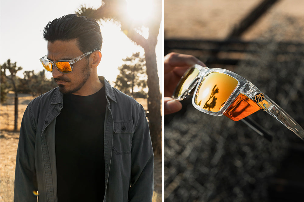 Young man wearing Heat Wave Performance Vise Vapor Clear Sunblast safety sunglasses in the desert and a close up of a hand holding them.