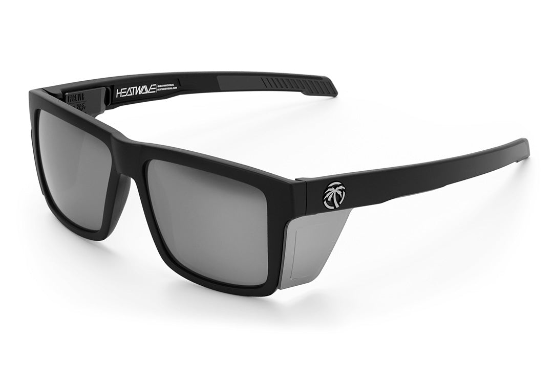 Heat Wave Visual Performance Vise Sunglasses with black frame, silver lenses and matching colored side shields.