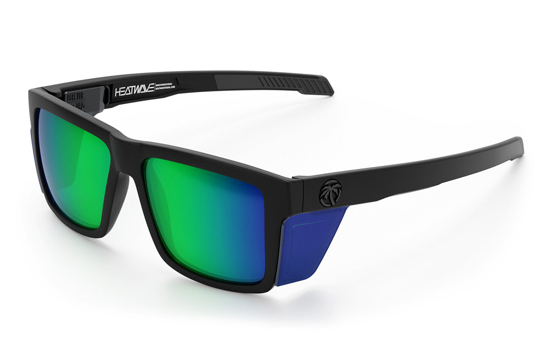Heat Wave Visual Performance Vise Sunglasses with black frame, piff green blue lenses and matching colored side shields. 