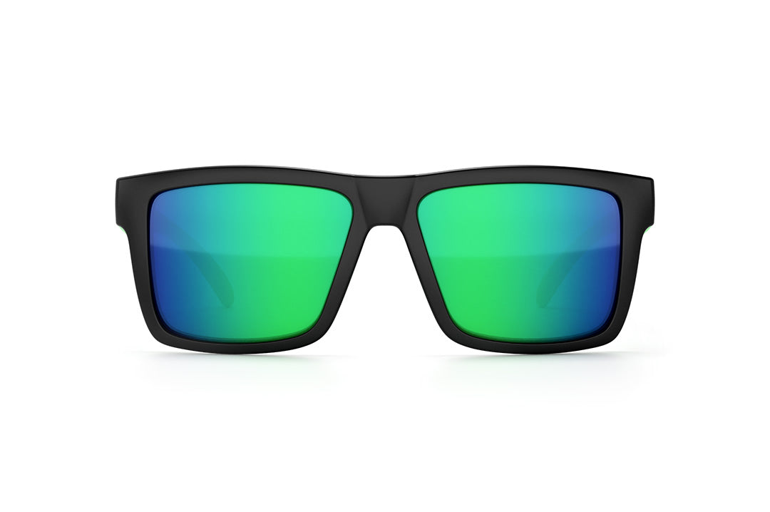 Front view of the Heat Wave Visual Vise Sunglasses with black frame and piff green blue lenses. 