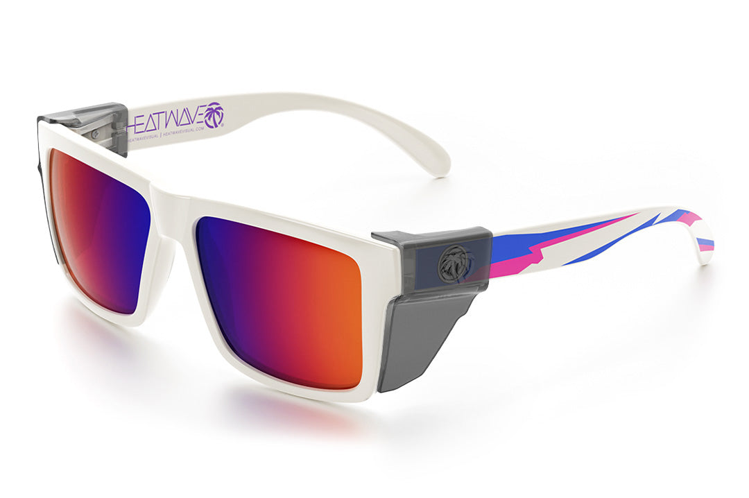 Heat Wave Visual Z87 Vise Sunglasses with gloss white frame, wild print arms, atmosphere lenses and smoke side shields. 