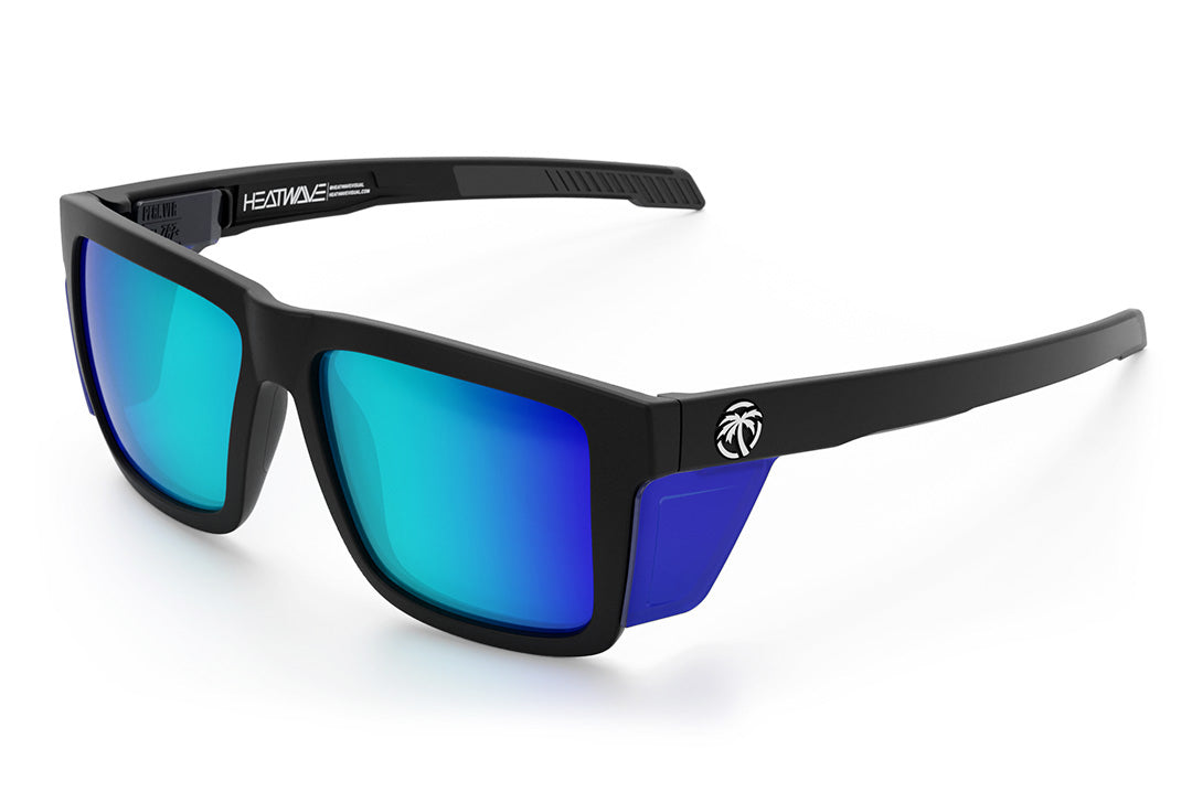 Heat Wave Visual Performance XL Vise Sunglasses with black frame, galaxy blue lenses and matching colored side shields.