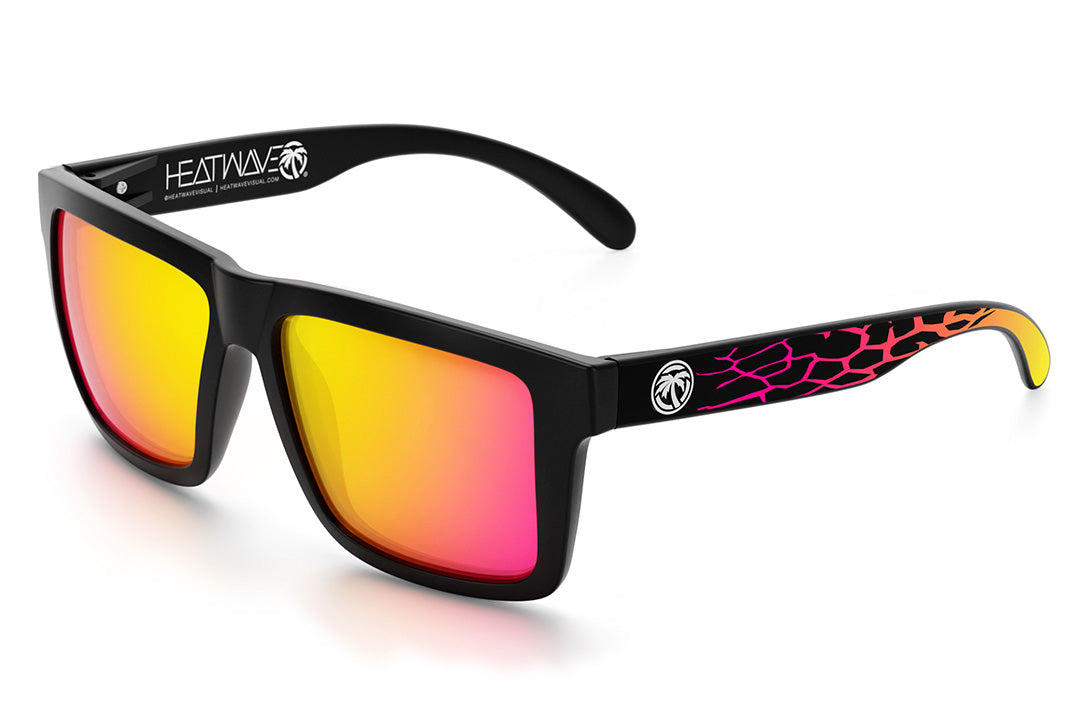 Heat Wave Visual XL Vise Sunglasses with black frame, core print arms and tropic pink yellow lenses.
