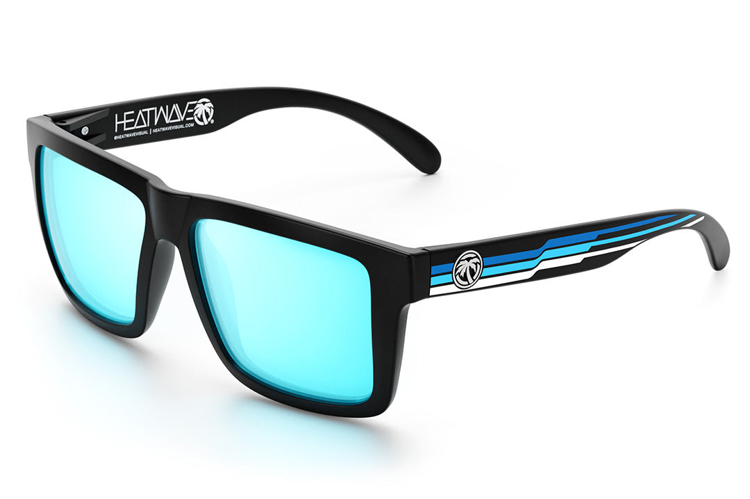 Heat Wave Visual XL Vise Sunglasses with black frame, side stripe blue print arms and arctic chrome lenses.