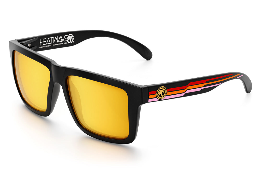 Heat Wave Visual XL Vise Sunglasses with black frame, side stripe red print arms and gold lenses.