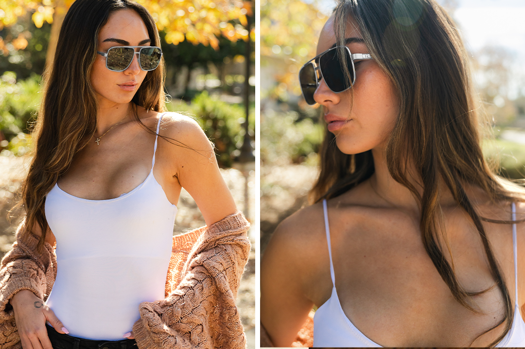 Women out and about rocking the Heat Wave Visual Nimitz Sunglasses with gun metal frame and black lenses.