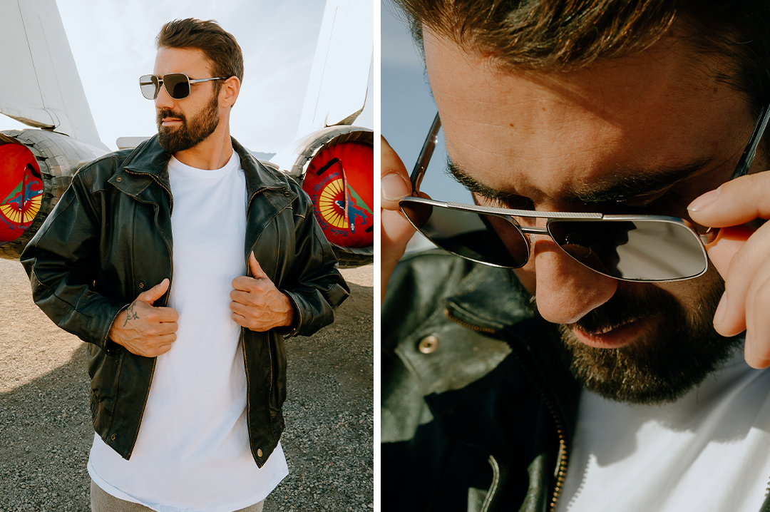 Streetwalker wearing the Heat Wave Visual Nimitz Sunglasses with gun metal frame and black lenses.