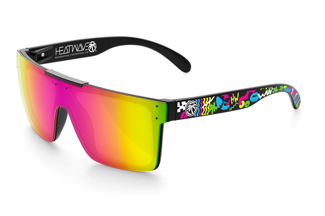 Heat Wave Visual Quatro Sunglasses with black frame, beach party print arms and spectrum pink yellow lens.