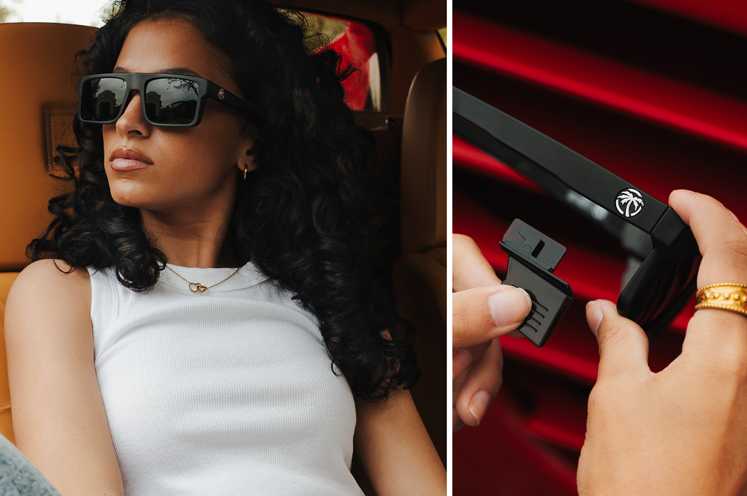 Young women wearing the Heat Wave Visual Performance Rayth Sunglasses with black frame, black lenses and matching side shields. 